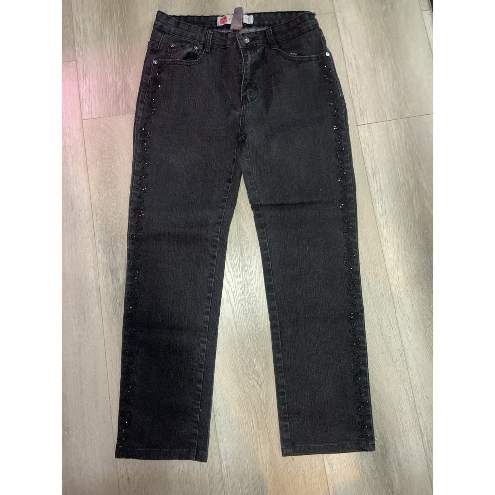 COS Slim Straight Leg Mid Rise Jeans Womens 8 (28x26) Black Stretch Rhinestones